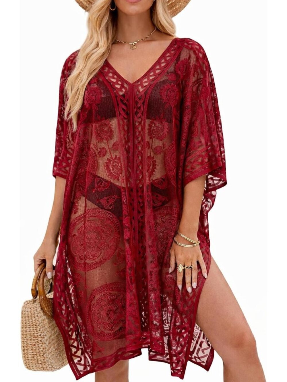 Women's Red Boho Crochet Swimsuit Cover Up V Neck Loose Fit Beach Kaftan Dress